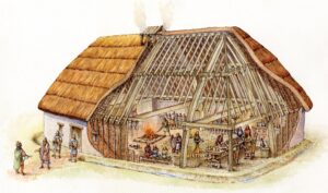Picture showing the consturction of cruck timber buildings
